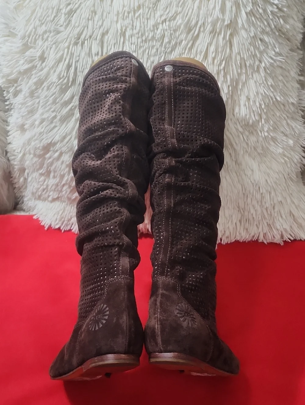 UGG ABILENE Chocolate Brown Perforated Slouchy Suede Leather Boots